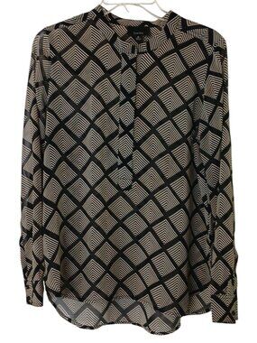 Lumière Medium Geometric Hidden Zipper LS Sheer Blouse Black Career #D-18